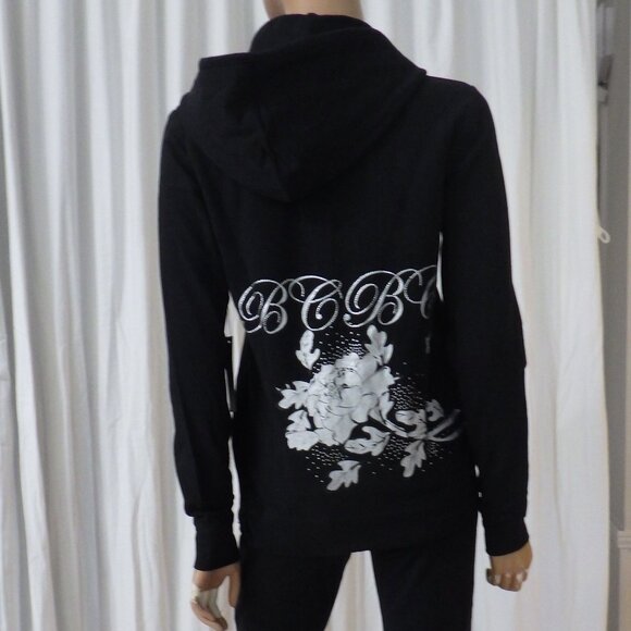 NWT BCBG sz SM MED LG XL 95% cotton BLK SILVER FOIL ROSE BUTTERFLY 2PC TRACKSUIT - Picture 14 of 15